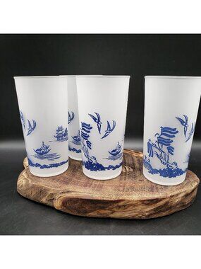 Hazel Atlas Frosted Blue Willow Glass Tumblers Set 4 Blue Asian 5.5" MCM Vintage